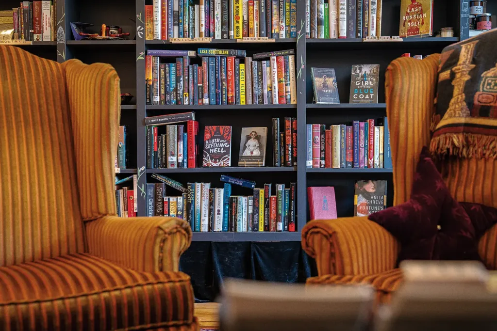 Two cozy yellow chairs in front of a large, dark bookcase filled with books.