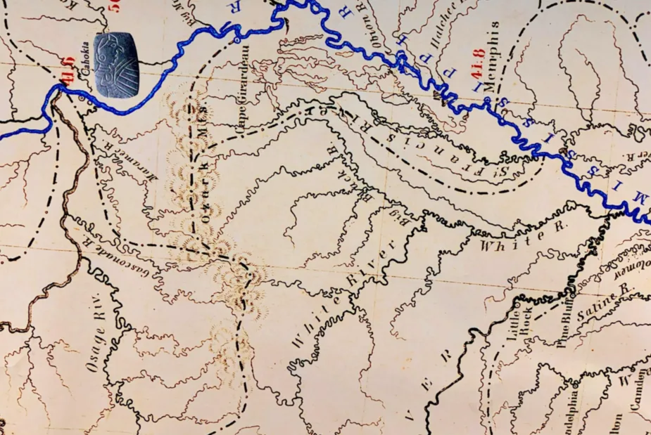 Detail from Monique Verdin’s “ReIndigenized 1861 Mississippi Watershed Map” at the Contemporary Art Museum St. Louis.