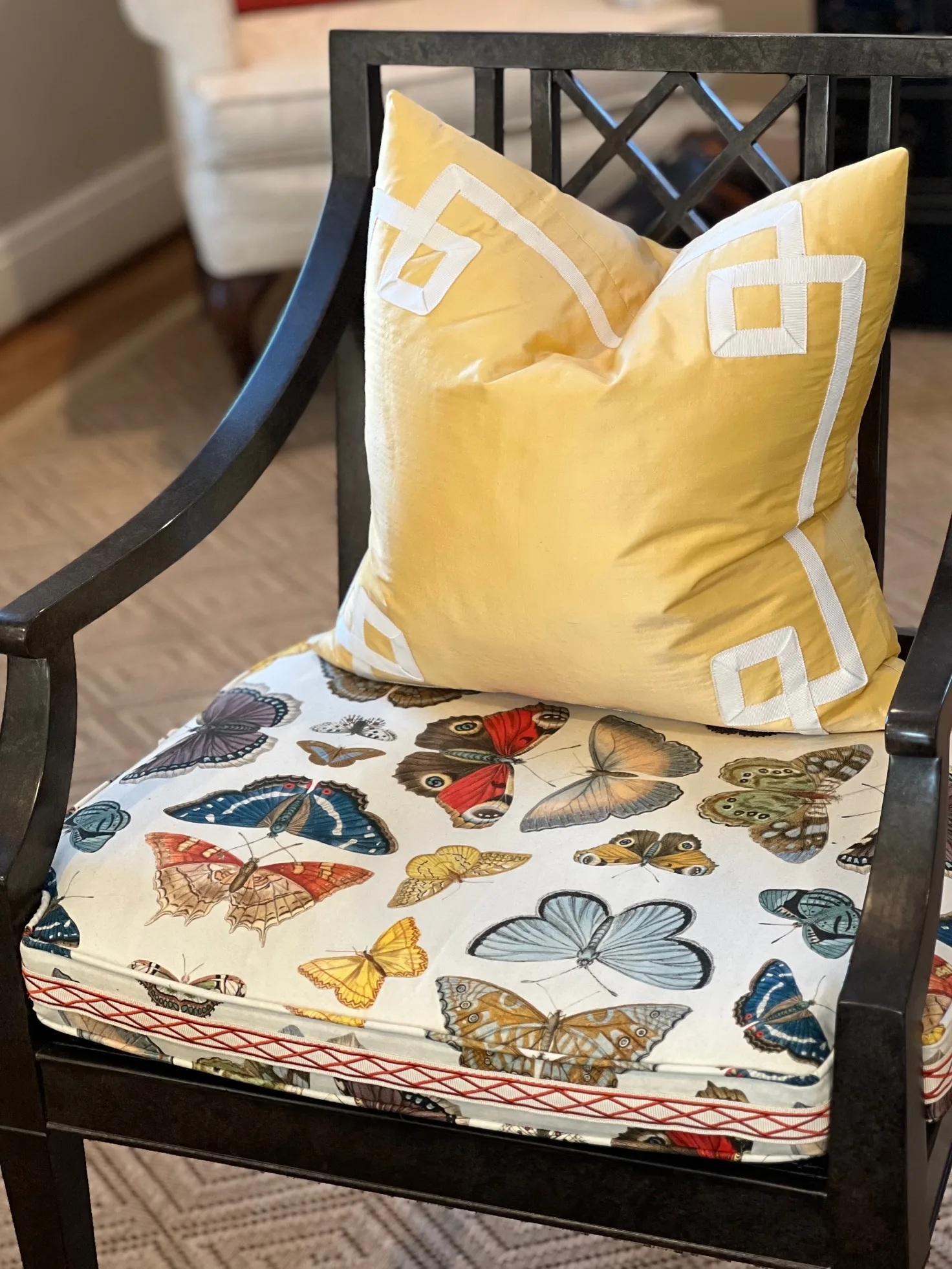 chair with butterfly pattern and yellow pattern