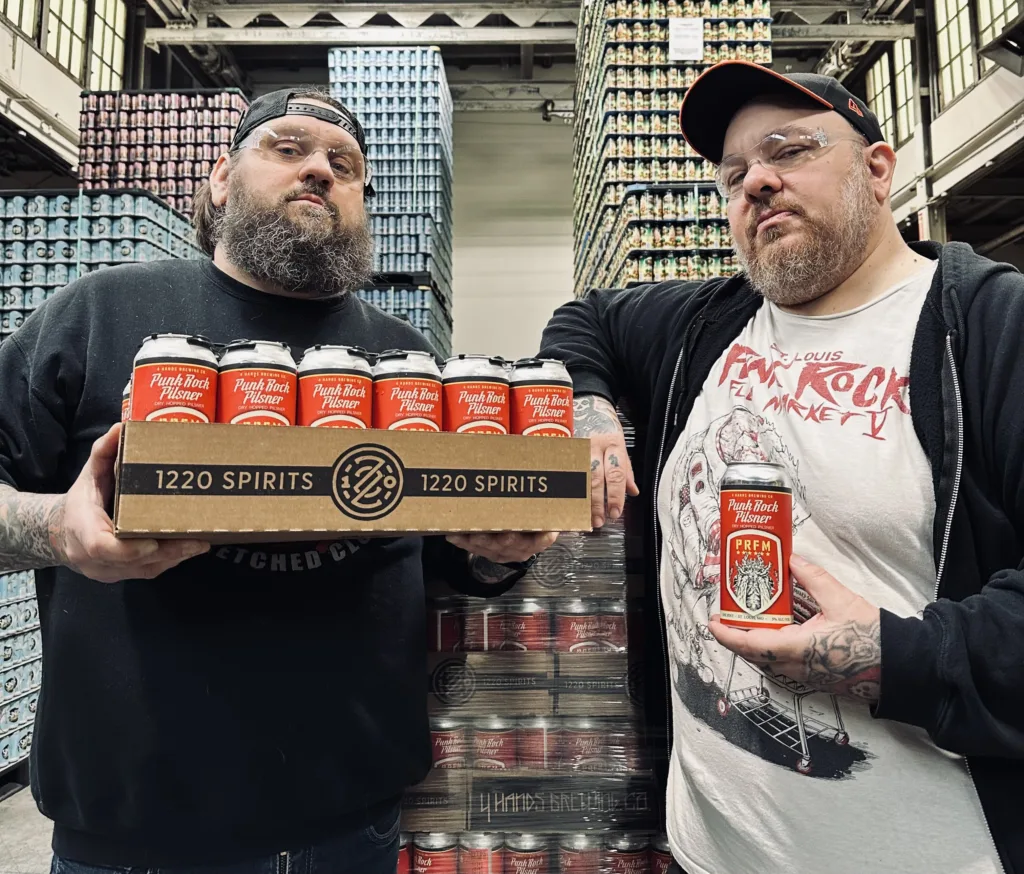 Kevin Tomorrow and Don Brazel with the Punk Rock Pilsner collaboration with 4 Hands Brewing Company.