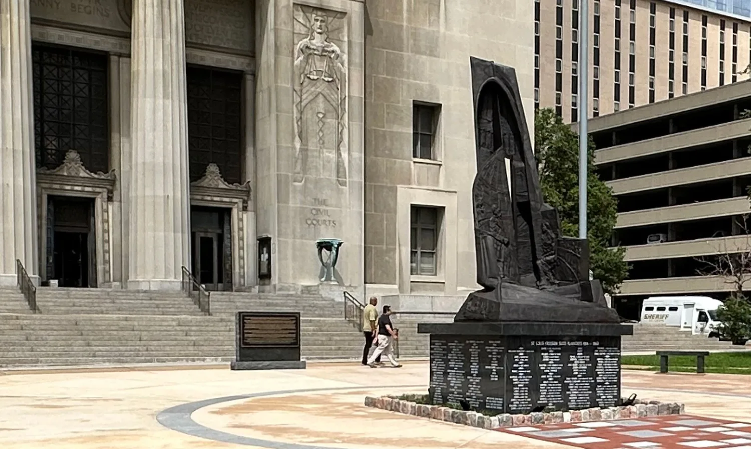 The Freedom Suits Memorial in Freedom Plaza in downtown St. Louis.
