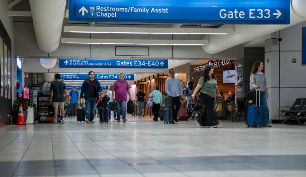 Travelers in Terminal 2, Lambert International Airport in St. Louis