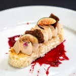 Vanilla-Coffee Genoise with Caramel Buttercream, Cocoa, Blackberry, and Fig