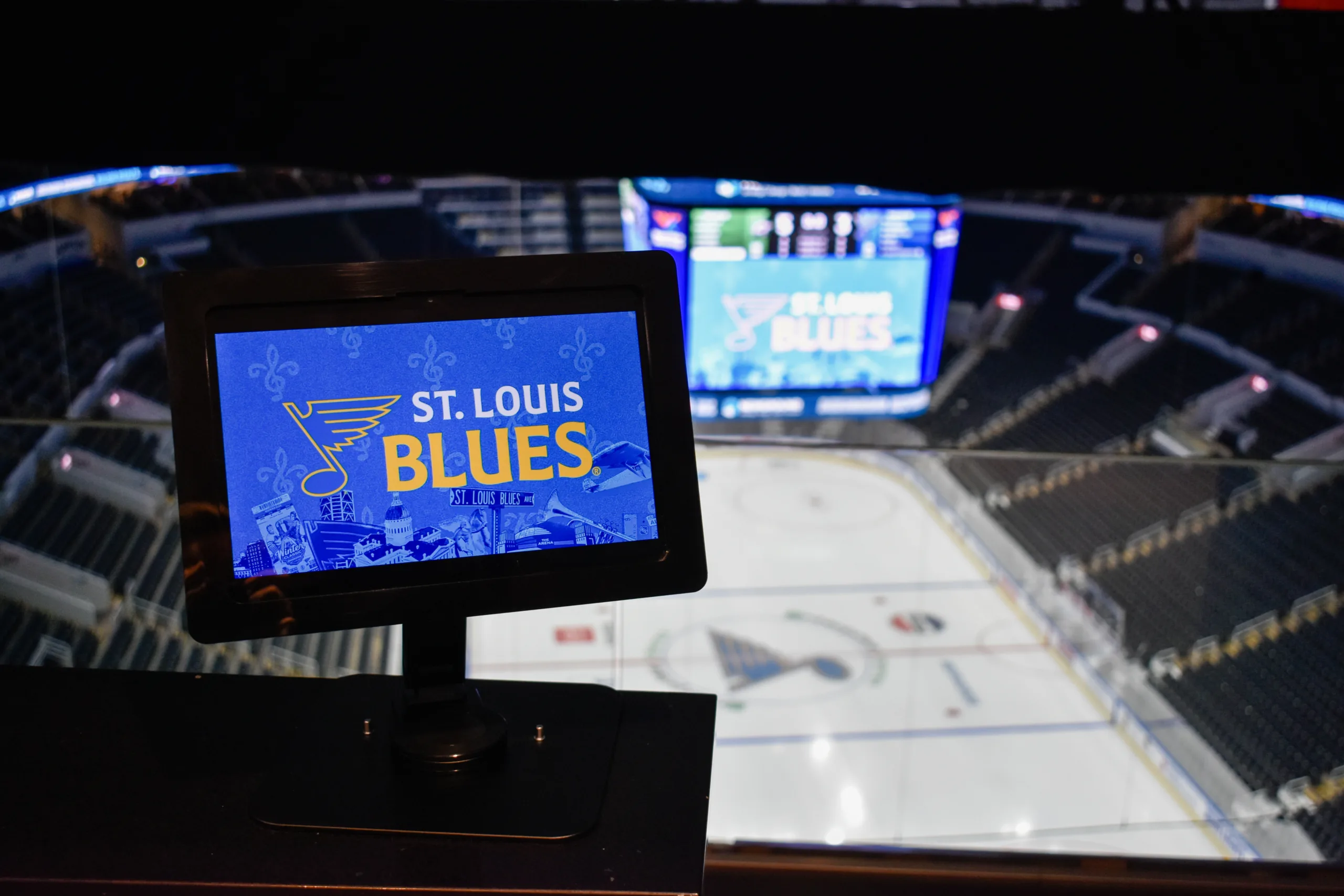 A screen in the new Loft suite reads "St. Louis Blues."