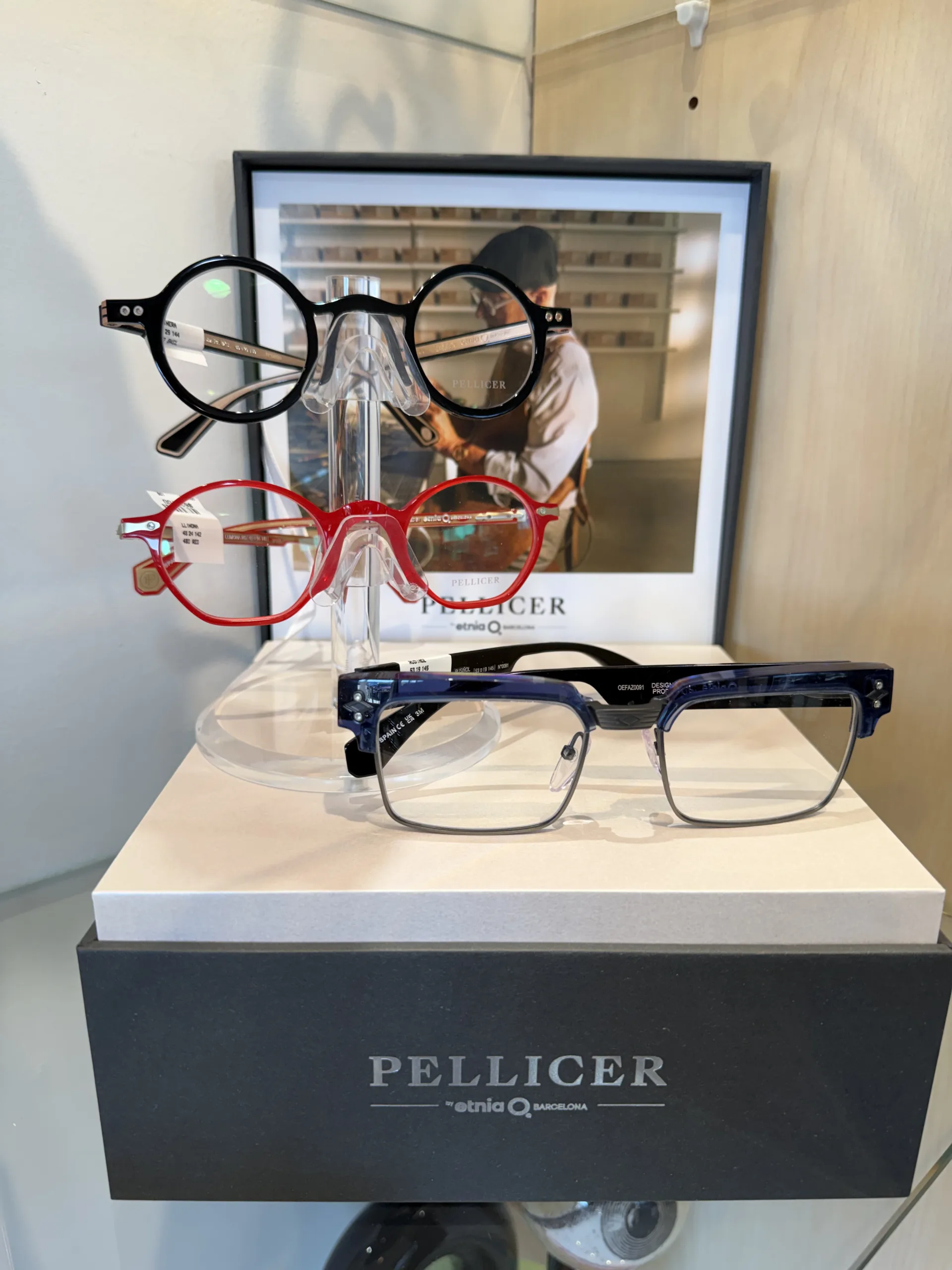 Display of PELLICER eyeglass frames from Etnia Barcelona that are available at Eyewearhaus.