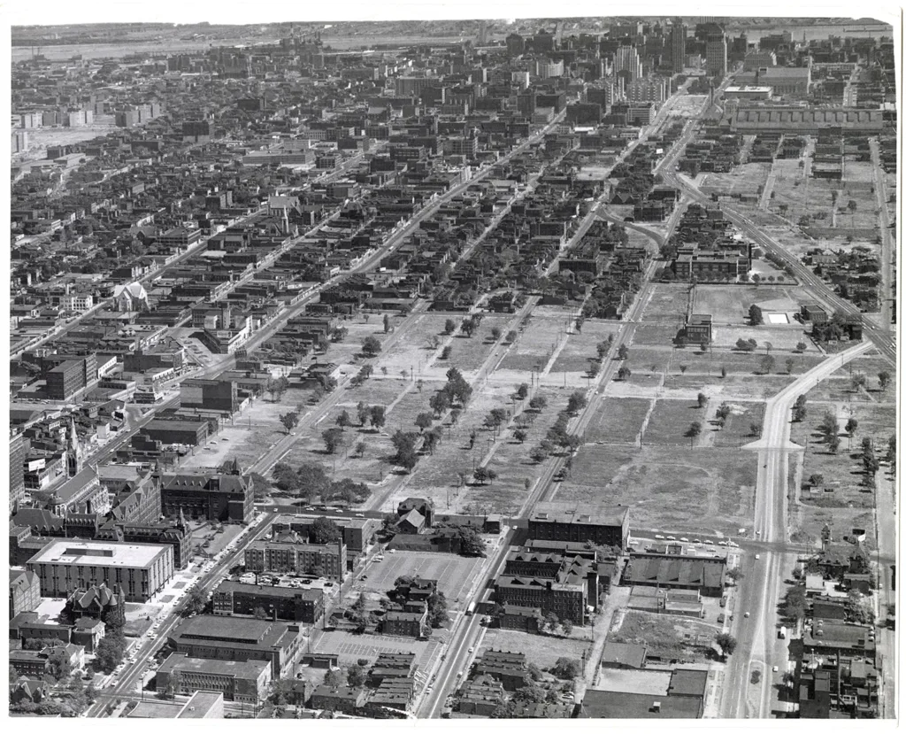 Aerial view showing cleared areas in Mill Creek Valley