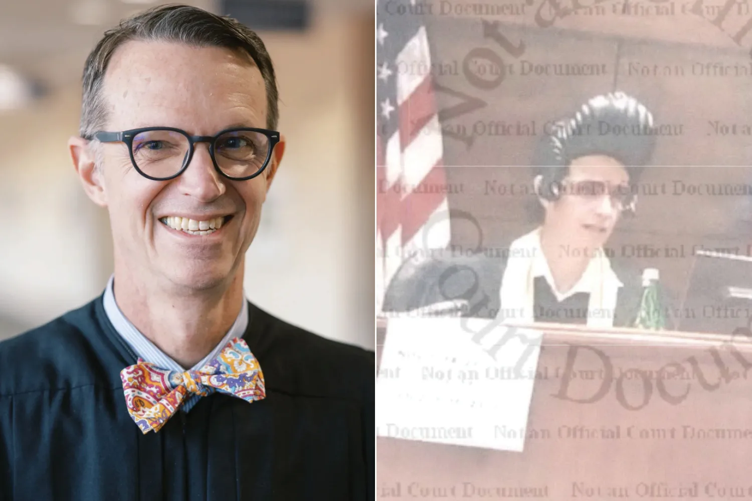 A judge in his robes, left, and in an Elvis costume, right.