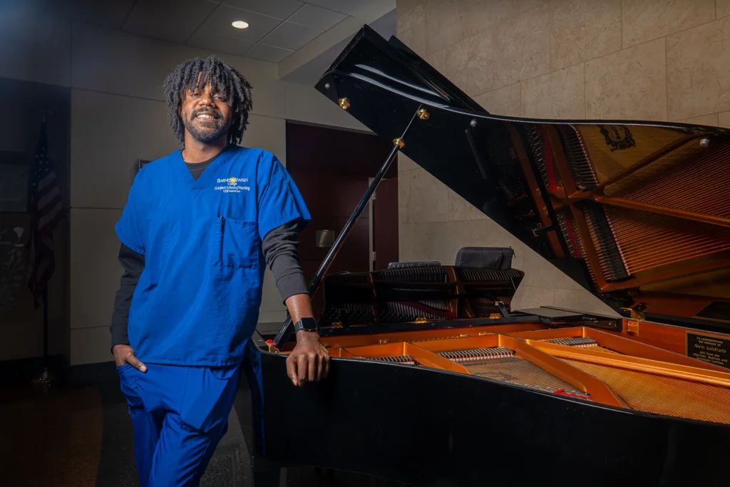 Nicholas Murphy, a student at Goldfarb School of Nursing at Barnes Jewish Hospital, can often be found playing the piano in the school's lobby.