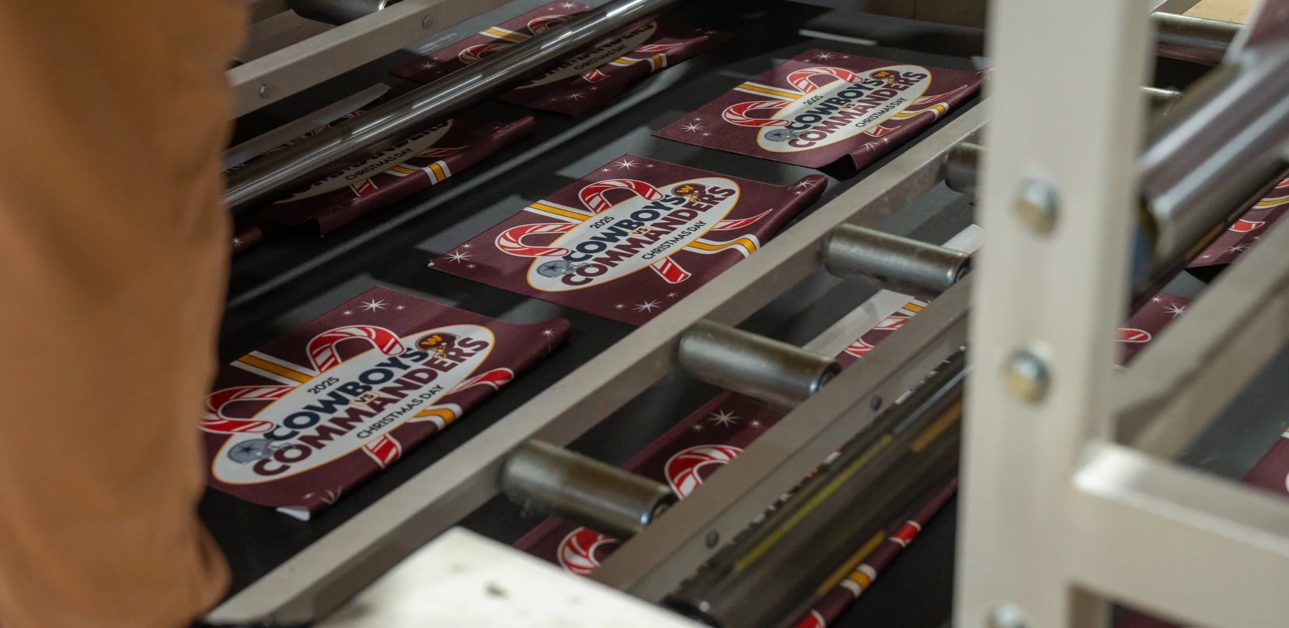 Brown towels on a conveyer belt