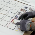 A person positioning white squares on a piece of paper.
