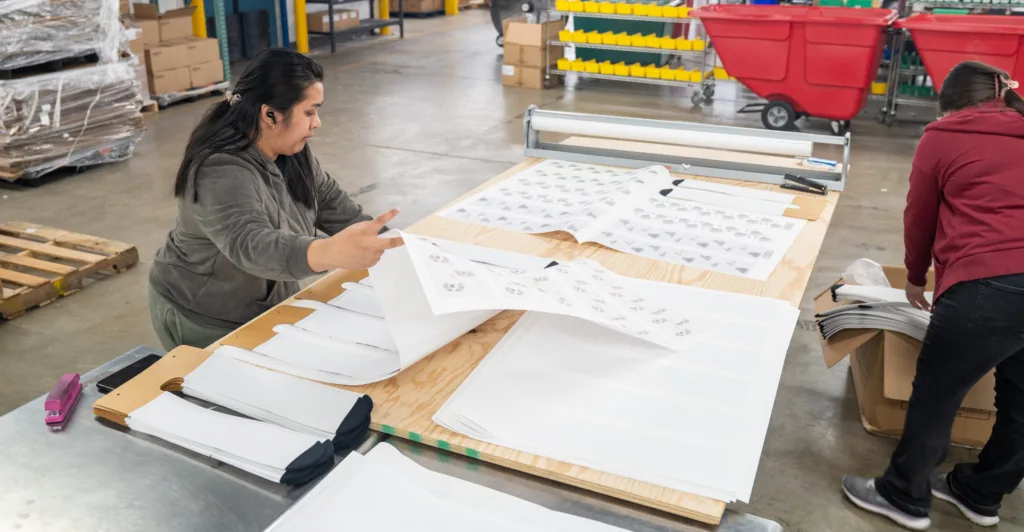 A woman lifts a sheet of paper.