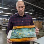 A man holding a glass cutting board