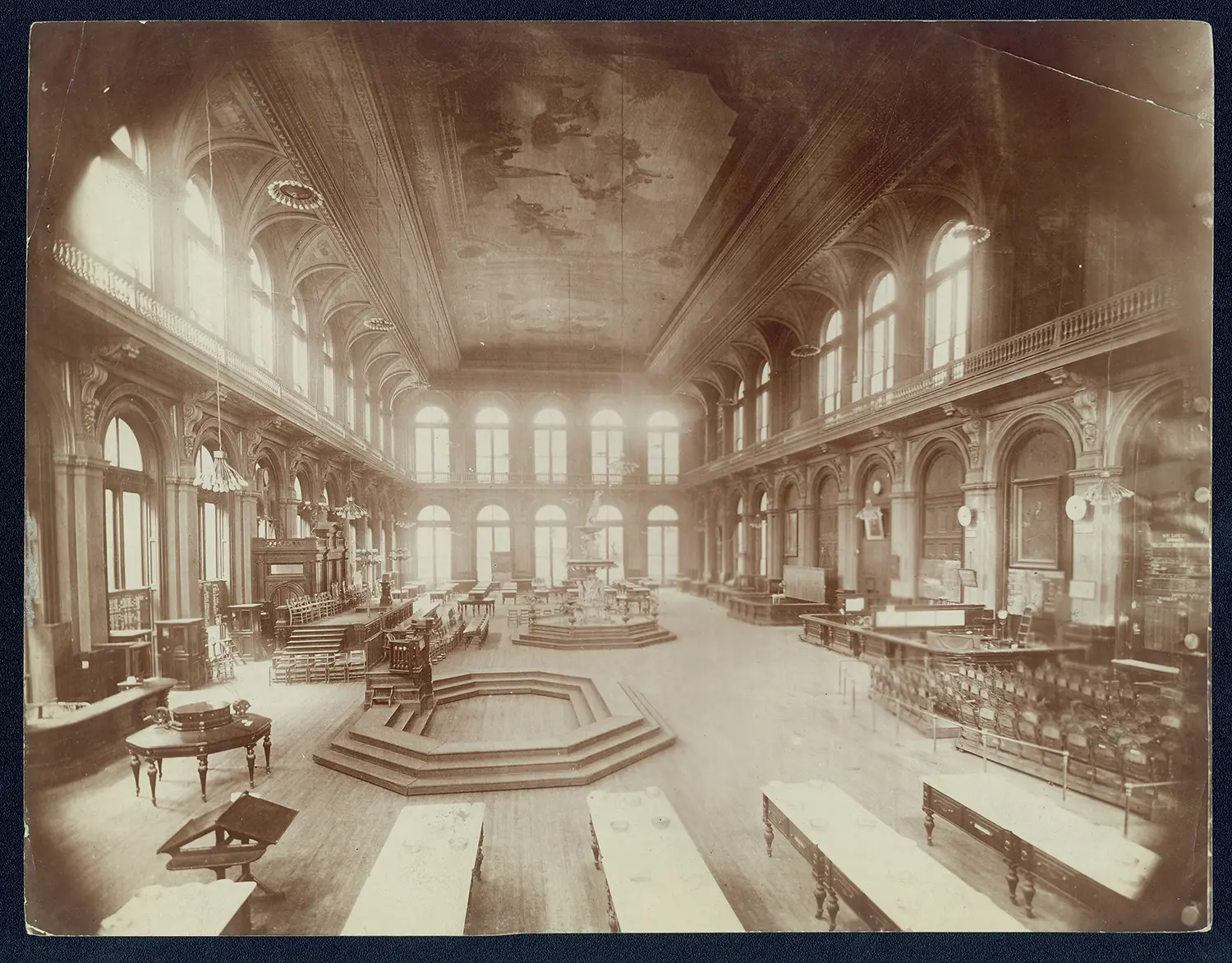 The trading floor of the Merchants Exchange at the turn of the century