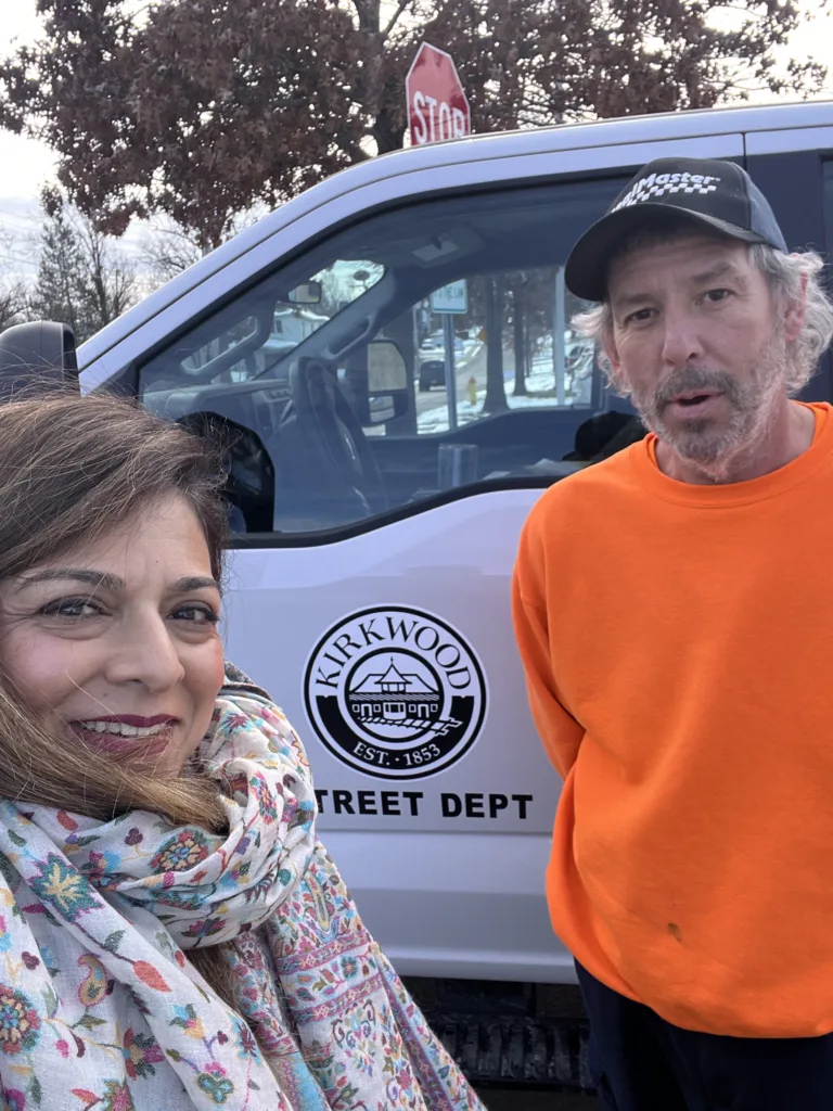 Hajra Jaffer with Doug Thrasher, supervisor for the Kirkwood Streets Department