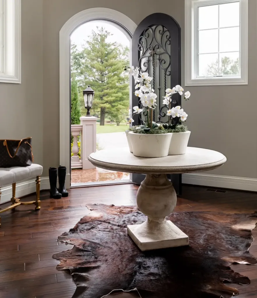 An entry way with a concrete table