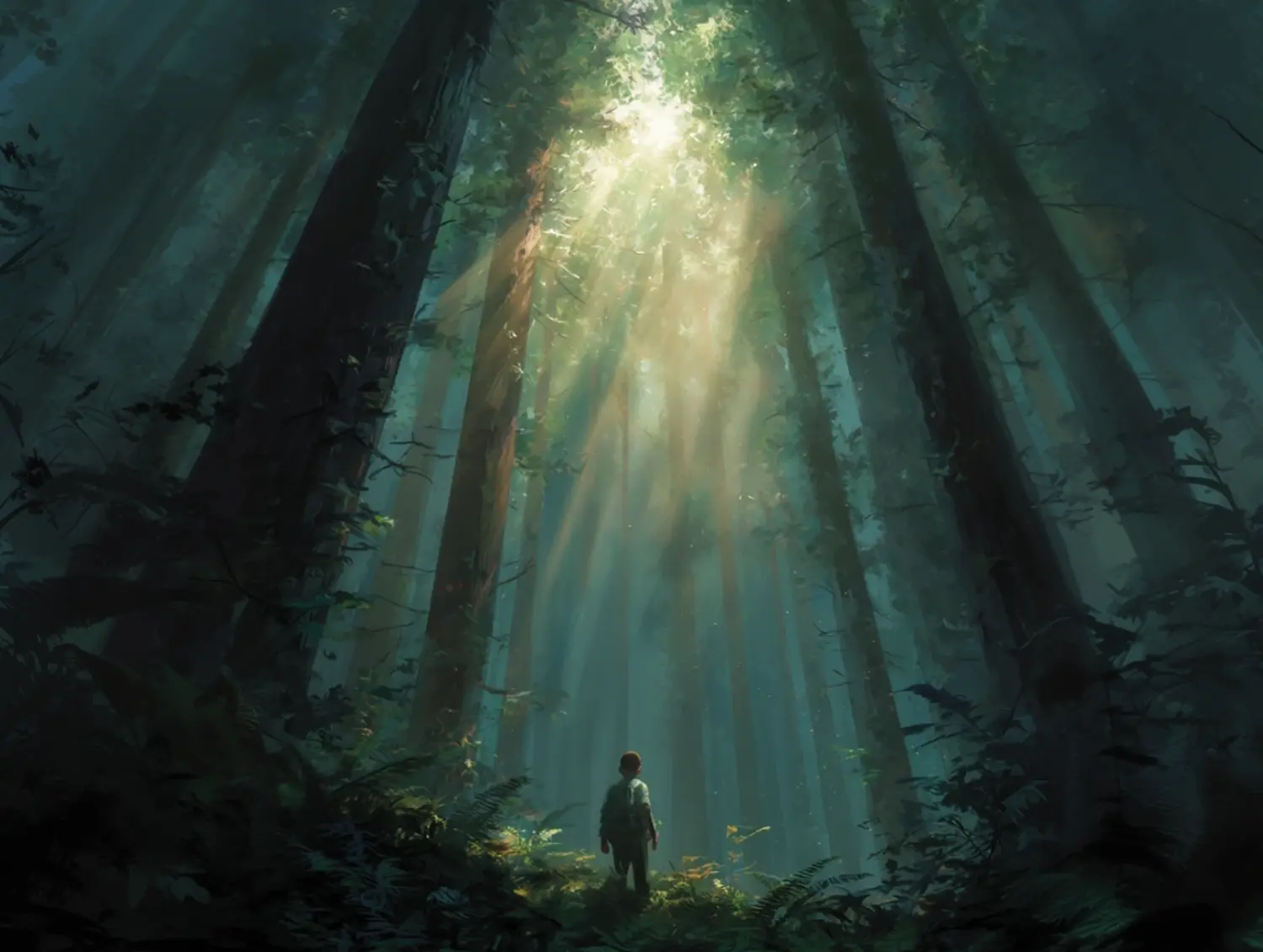 a young boy in a forest surrounded by tall trees