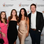 Guests pose for a photo in front of the Ronald McDonald House Charities of St. Louis step-and-repeat backdrop at a Red Shoe Society event.