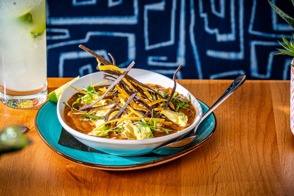 Lapez Mod Mex: Tortilla Soup; Chile broth, roasted chicken, fideos, avocado, torilla strips, Chihuahua cheese, cilantro