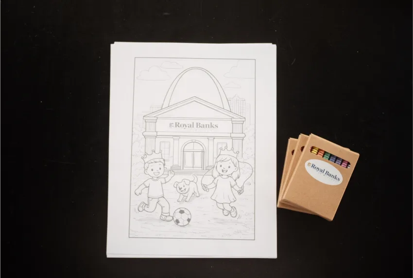 Royal Banks of Missouri coloring sheet and crayons