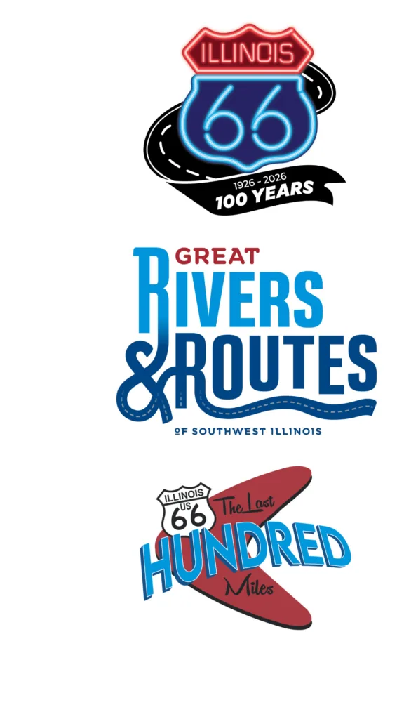 Graphic featuring the Illinois Route 66 shield, Great Rivers & Routes logo, and branding for the Last 100 Miles corridor celebrating Route 66’s 100th anniversary.