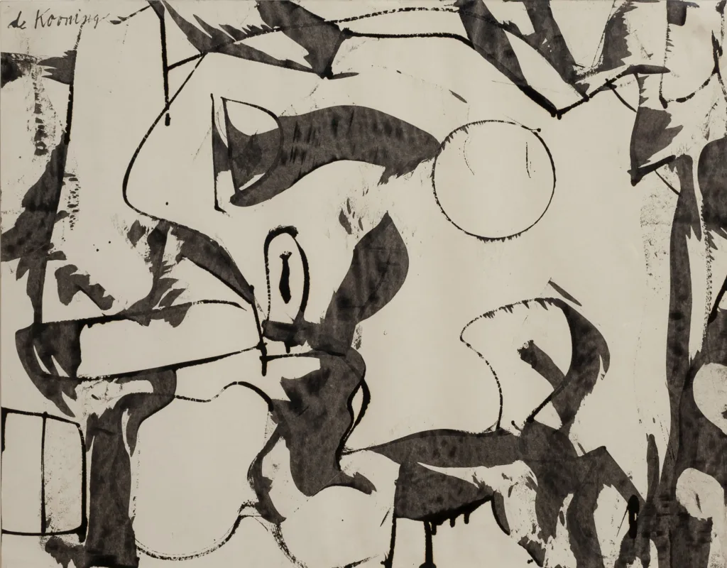 Willem de Kooning, Black and White Abstraction, 1950–1951. Sapolin enamel on paper. 22 × 28 inches (55.9 × 71.1 cm); Framed: 29 3/4 × 35 7/8 × 1 1/2 inches (75.6 × 91.1 × 3.8 cm). © 2025 The Willem de Kooning Foundation / Artists Rights Society (ARS), New York