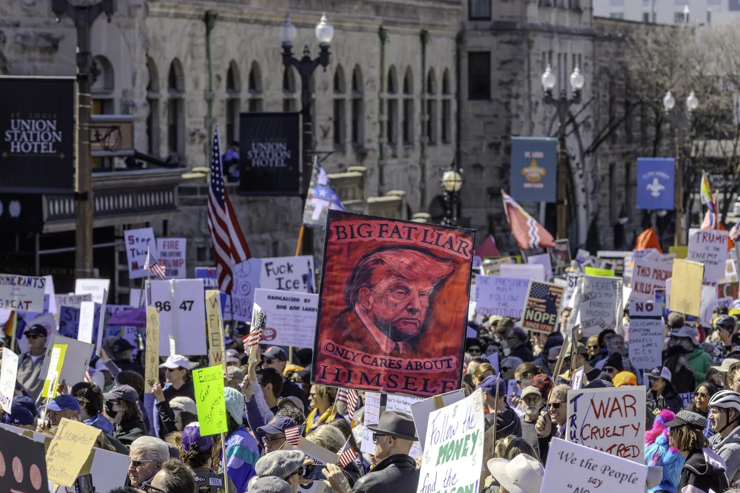 Anti-Trump protestors filled the streets of downtown St. Louis on March 28, 2026.