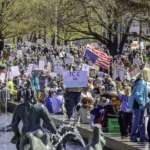 Anti-Trump protestors filled the streets of downtown St. Louis on March 28, 2026.