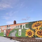 A vibrant mural celebrates Route 66 in Williamsville, Illinois.