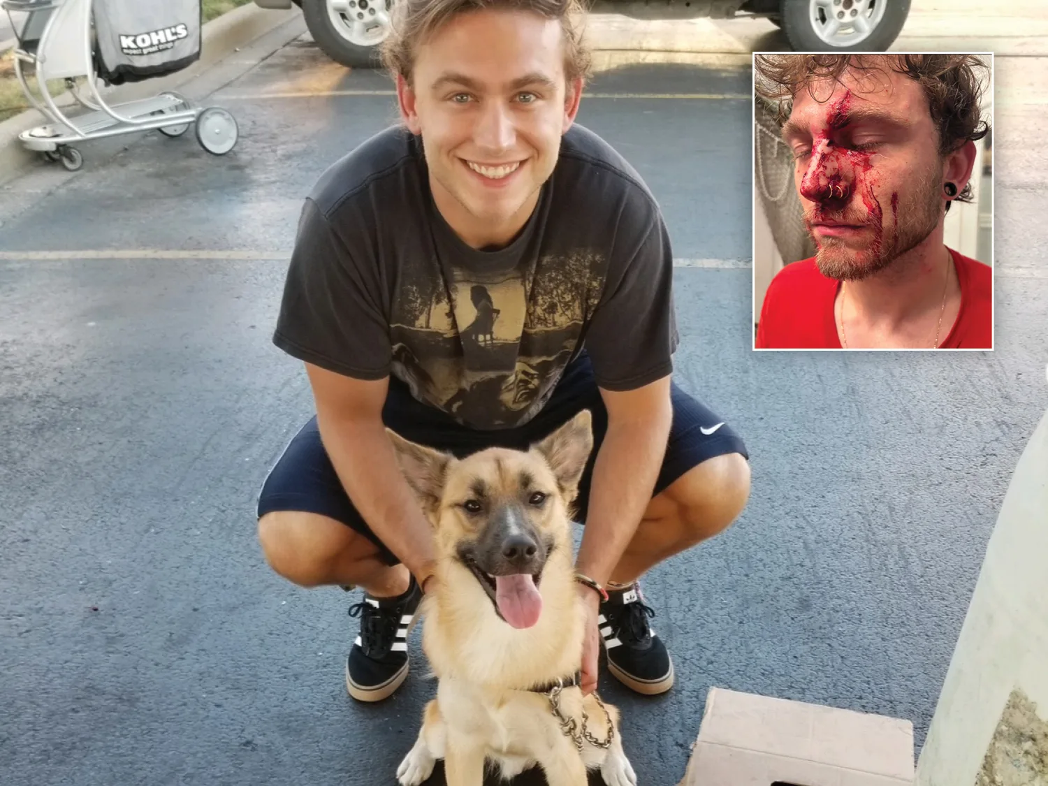 A man with his dog in the foreground, with a smaller photo of his bloody face at the top right.