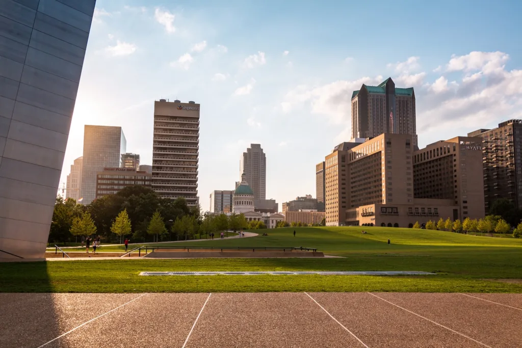 St. Louis skyline cityscape from under the Gateway arch.