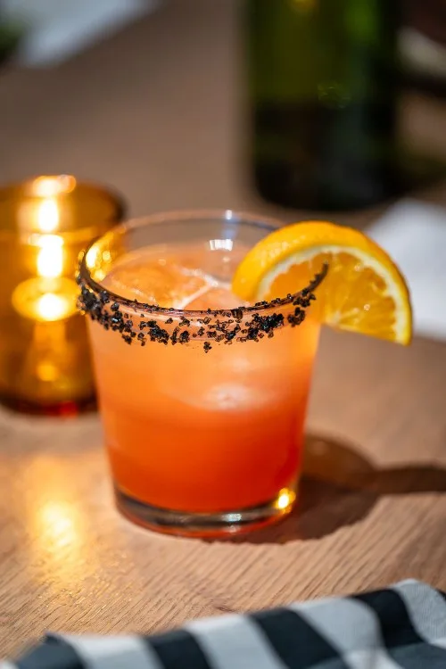 Mamma Mia: Vodka, Bergamot, Aperol, Blood Orange, Lemon, Sparkling Wine, Lava Salt