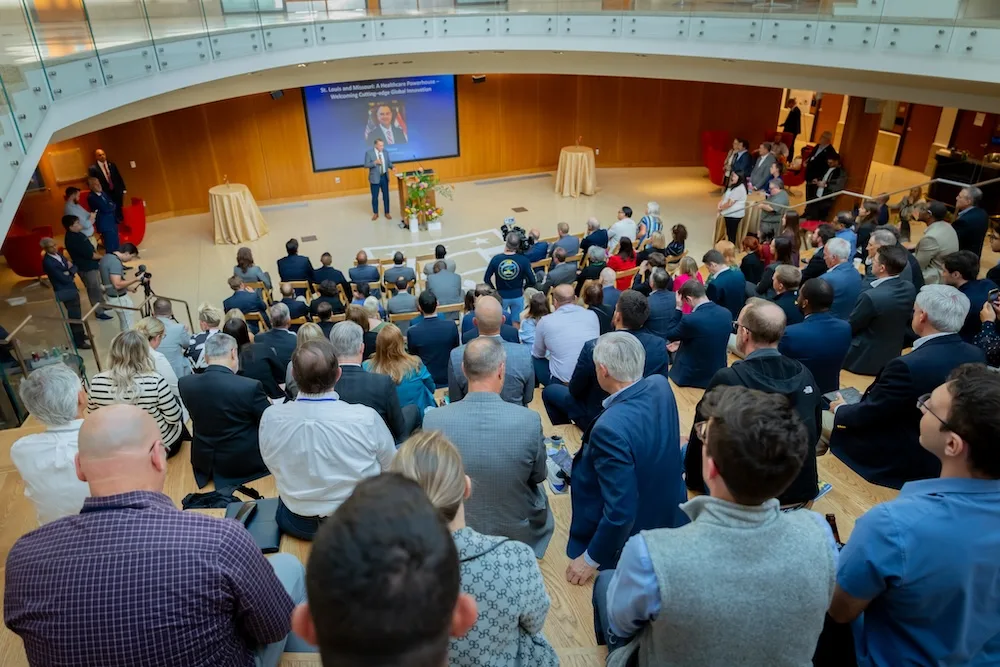 Governor Mike Kehoe addresses attendees at the 2025 BioSTL Global Health Innovation Summit in St. Louis, an annual convening of international healthcare and innovation leaders.