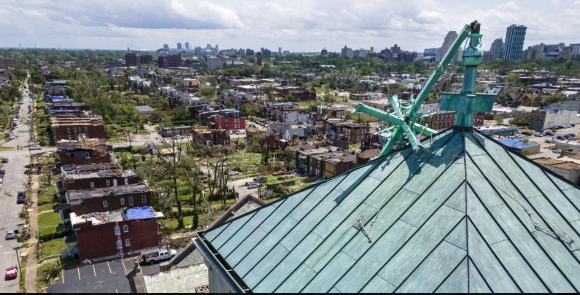 A view of homes that have been battered by a tornado.