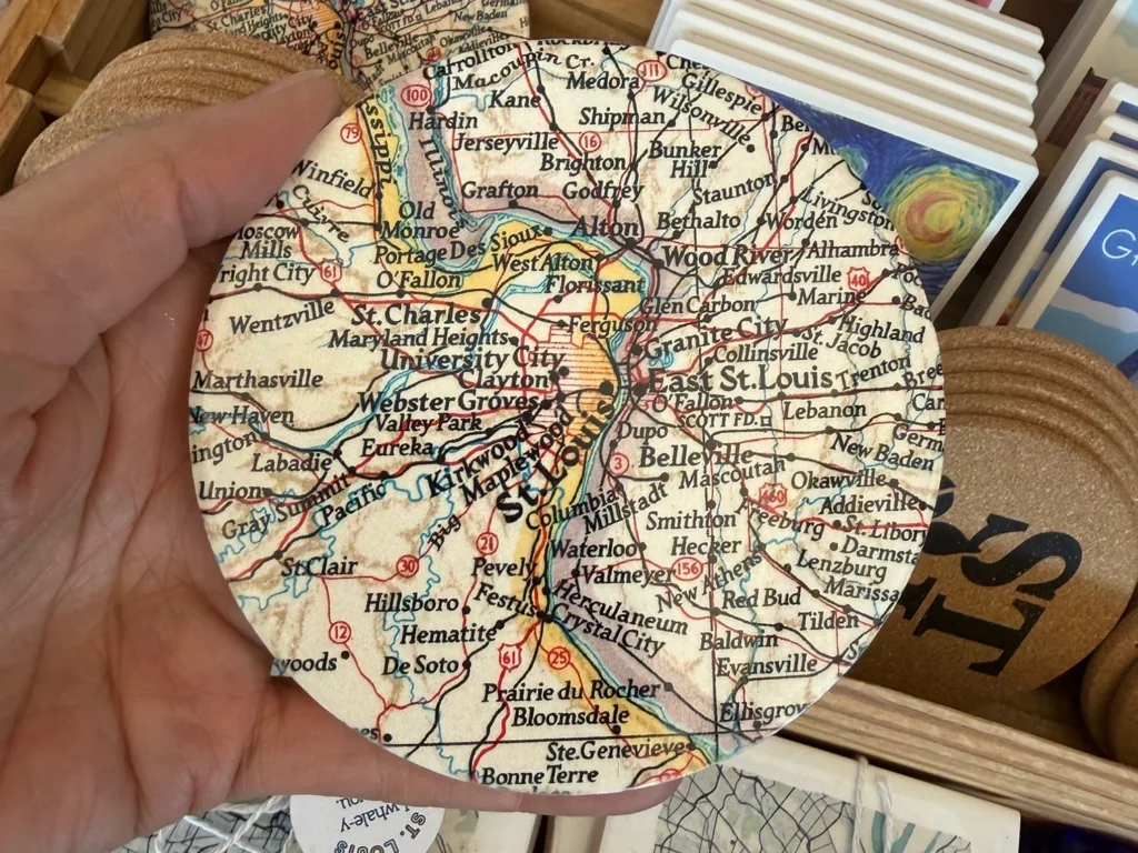 St. Louis map drinks’ coasters from Daisy Mae Designs, $7.95. Available at the Missouri History Museum shop, Sold on St. Louis.  