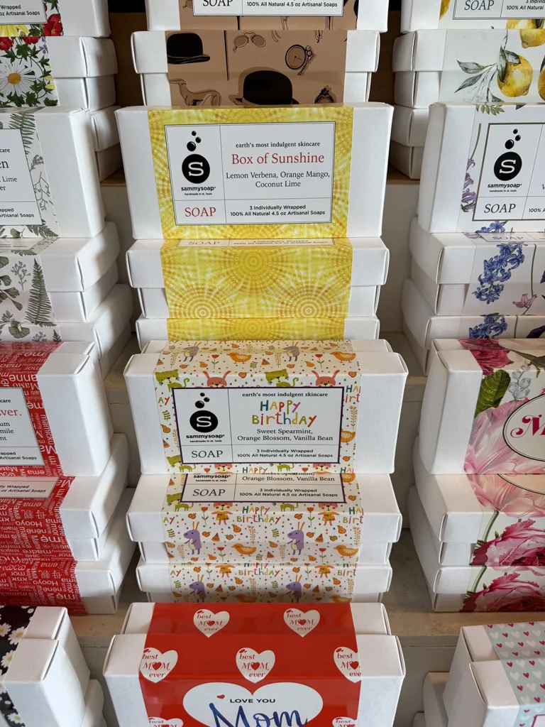 A gift box of 3 individually wrapped artisan soaps made from earthy ingredients by Sammy's Soap STL.