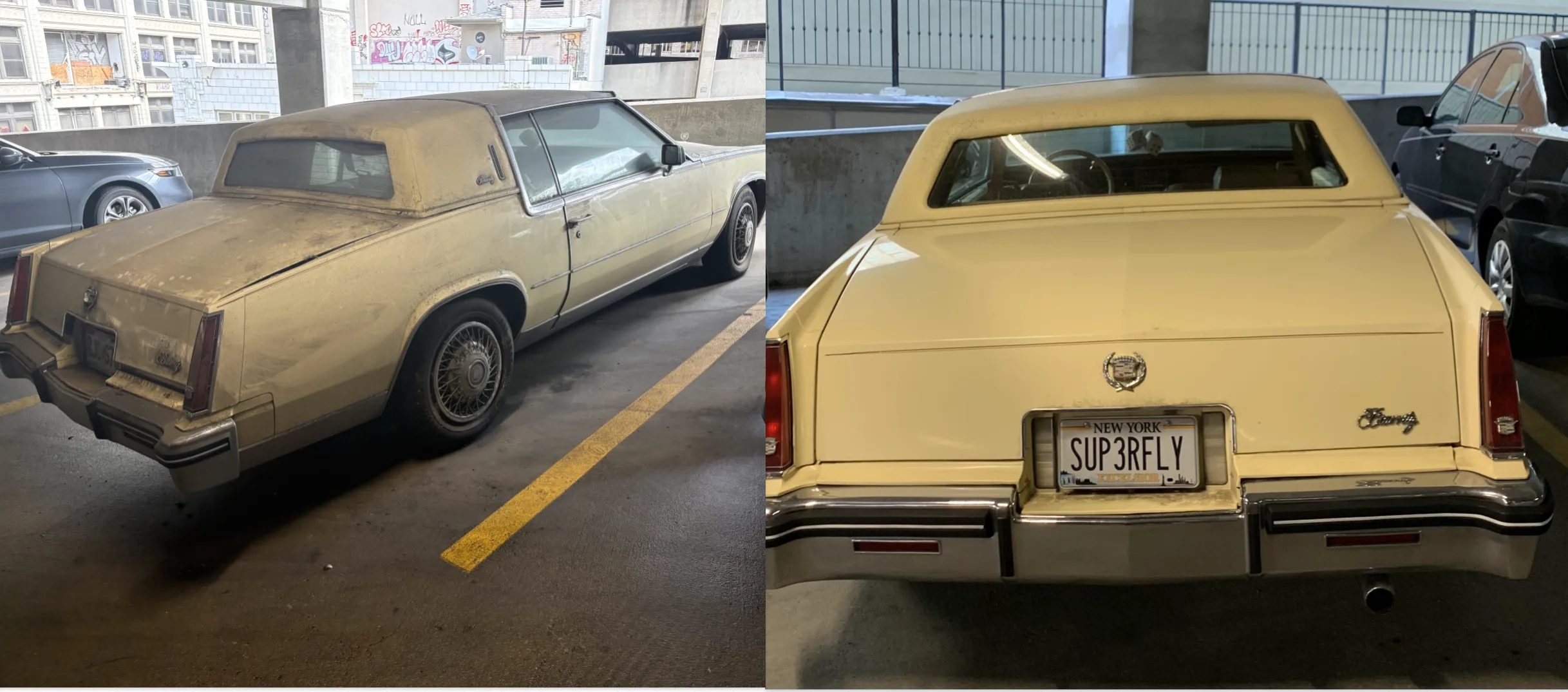 A recent photo of a Cadillac parked in the Central Downtown Garage (left) and one taken April 2022.