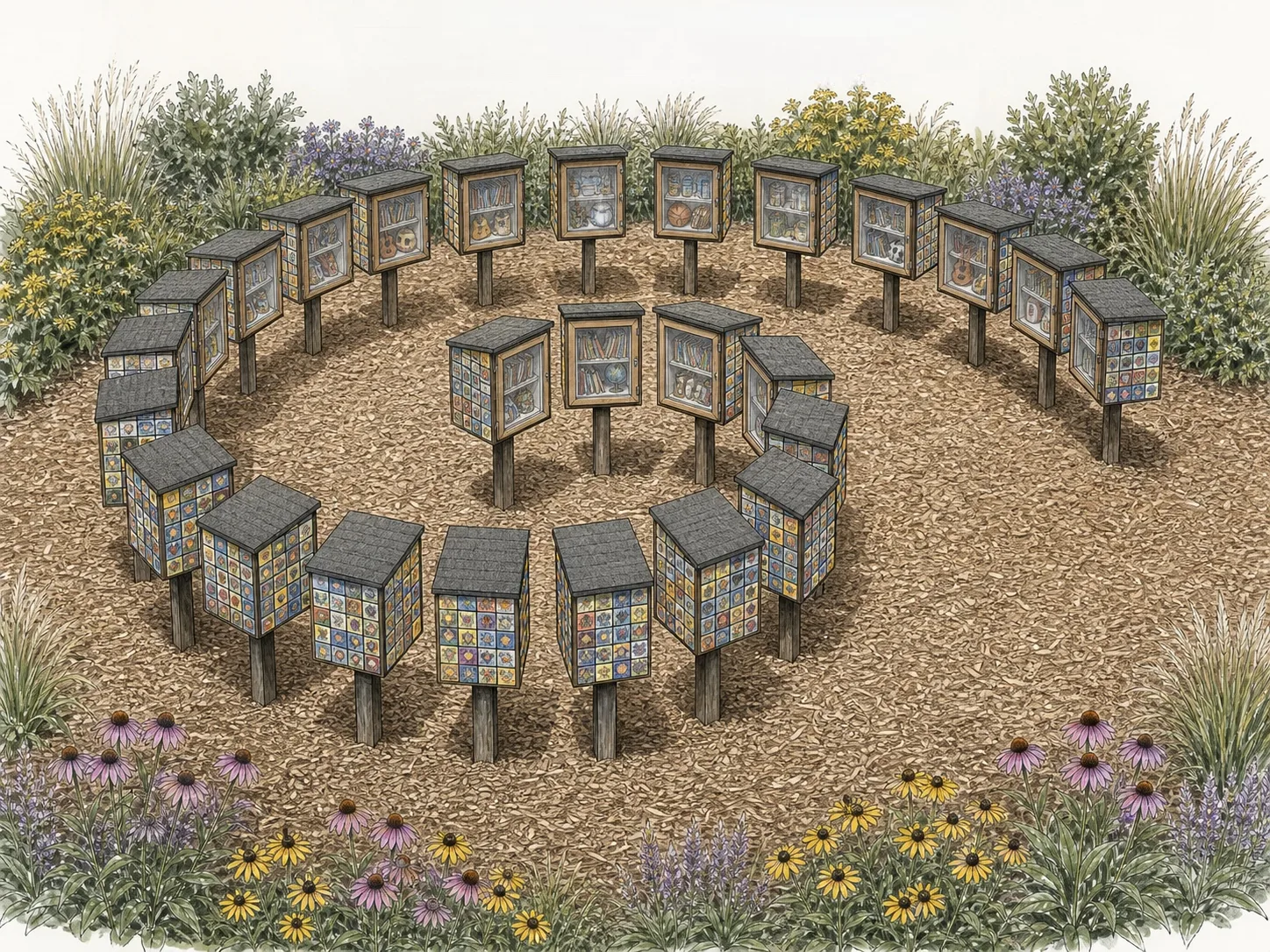26 little free libraries arranged in a spiral.