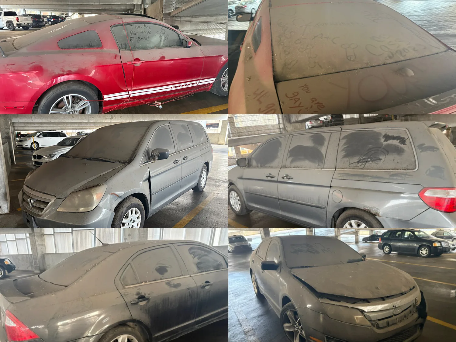 dusty abandoned cars in parking garage