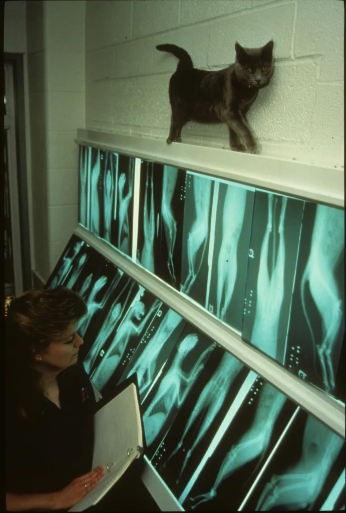 Gray cat walking along a ledge above illuminated animal X-rays while a staff member reviews records below.