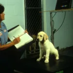 Purina employee recording information while a yellow Labrador puppy sits on a platform during an evaluation.