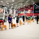 Golden retrievers and their handlers compete in a dog show at the Purina Event Center.