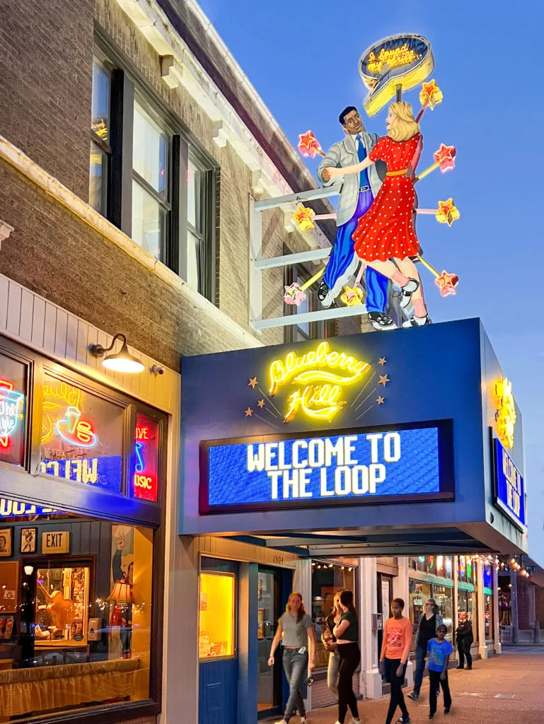Blueberry Hill’s glowing marquee welcomes guests to the heart of the Delmar Loop.