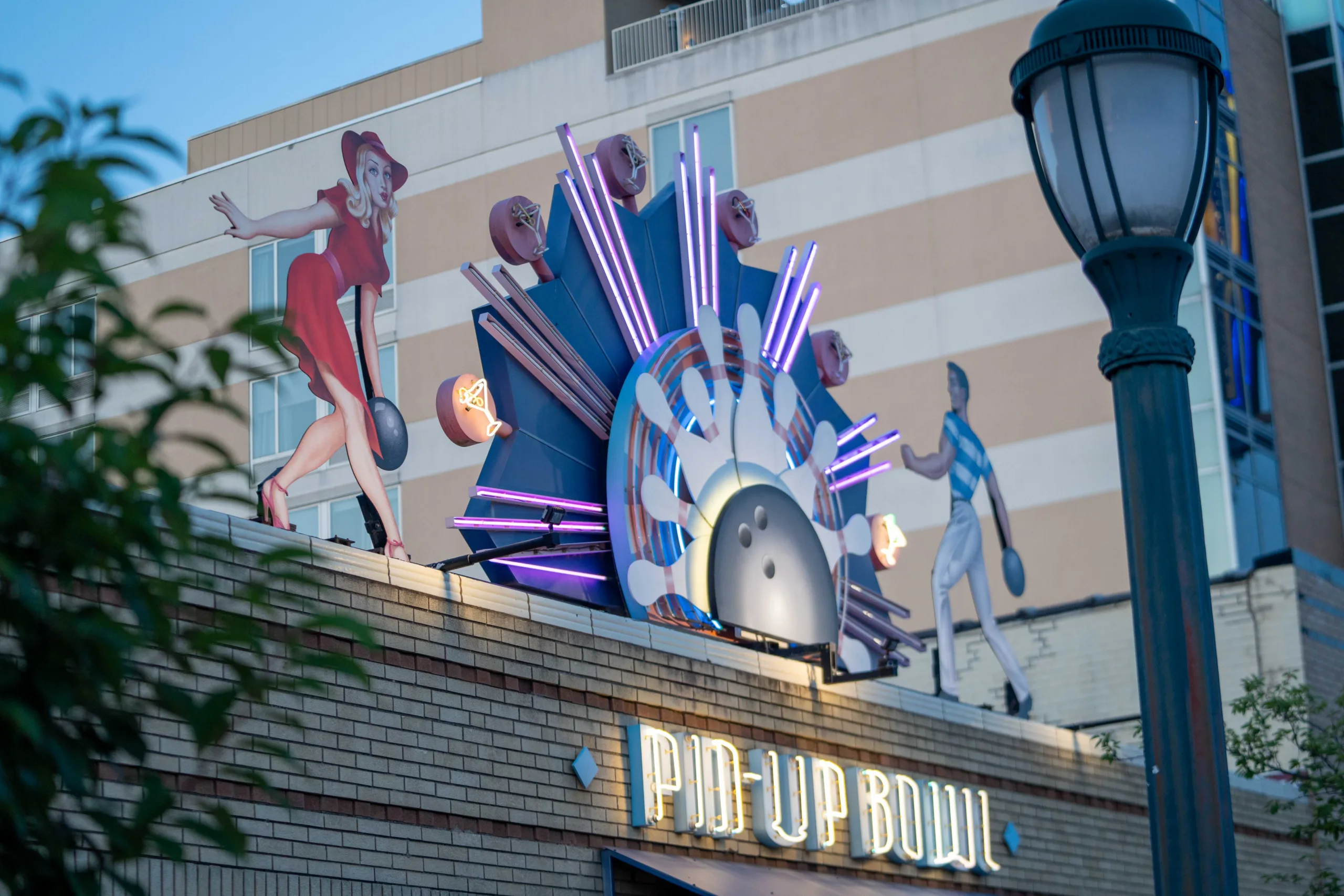 The iconic neon signage at Pin-Up Bowl lights up the Delmar Loop entertainment district in University City.