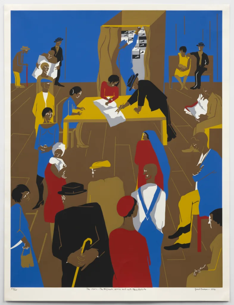 . Jacob Lawrence, American, 1917-2000; “The 1920’s ... The Migrants Arrive and Cast their Ballots,” from the “Kent Bicentennial Portfolio: Spirit of Independence,” 1974; screenprint; image: 32 x 24 7/8 inches; Saint Louis Art Museum, Gift of Lorillard, Inc. 52:1976.5; © 2026 The Jacob and Gwendolyn Knight Lawrence Foundation, Seattle / Artists Rights Society (ARS), New York