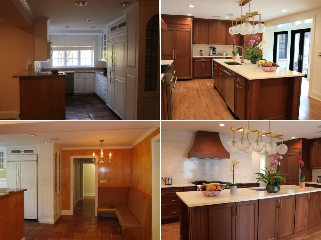 Before and after images of a residential kitchen remodel, with before images showing a dimly lit, cramped kitchen and after photos showing a brighter and airier layout following the removal of an interior wall.