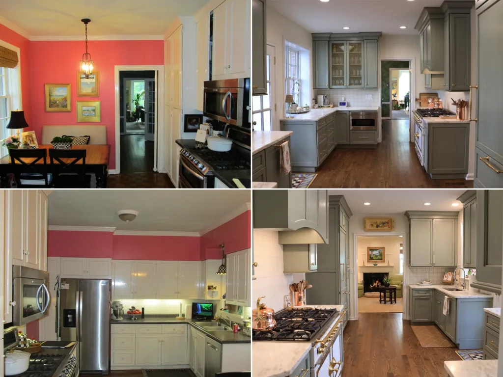 Before and after images of a residential kitchen remodel, with before images showing bright pink walls in a cramped kitchen and after photos showing a brighter and airier layout following the removal of an interior wall.