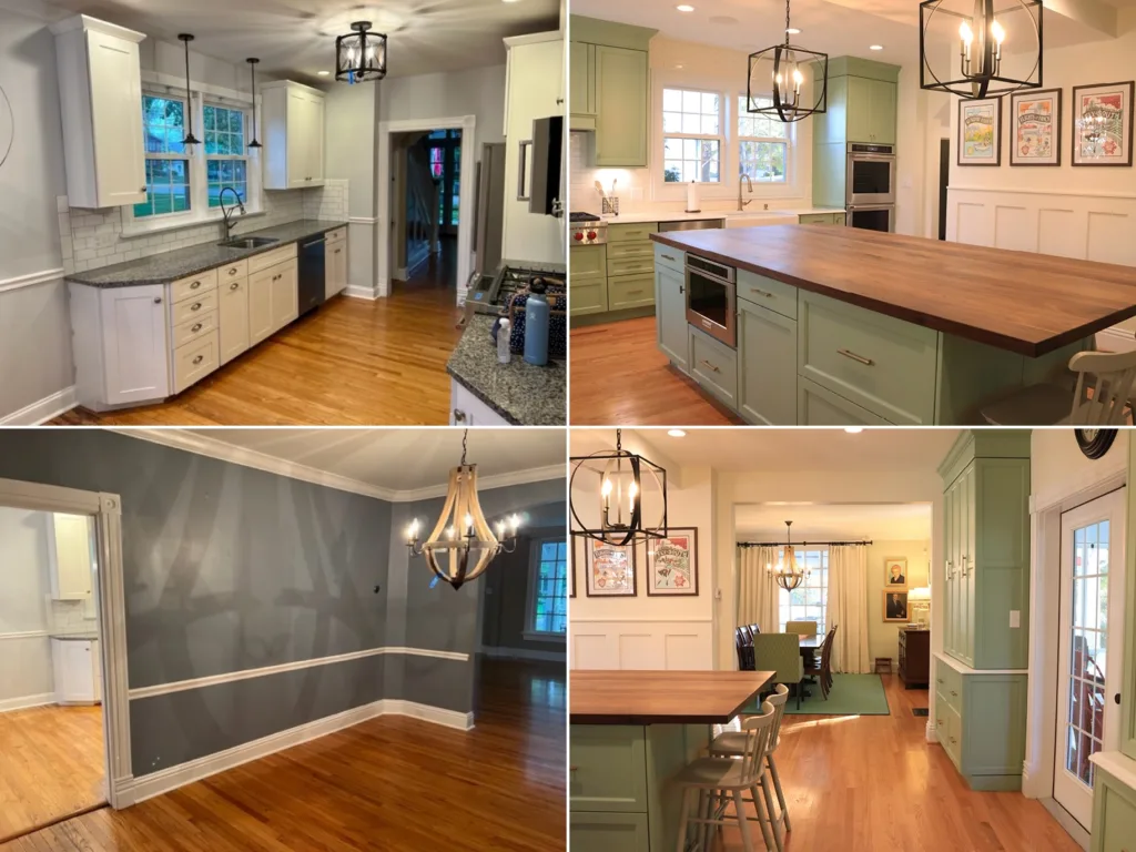 Before and after images of a residential kitchen remodel, with before images showing a narrow kitchen space and separate dining area and after photos showing a more spacious kitchen layout with light green cabinets centered around a large island with a butcher block top with room for entertaining.