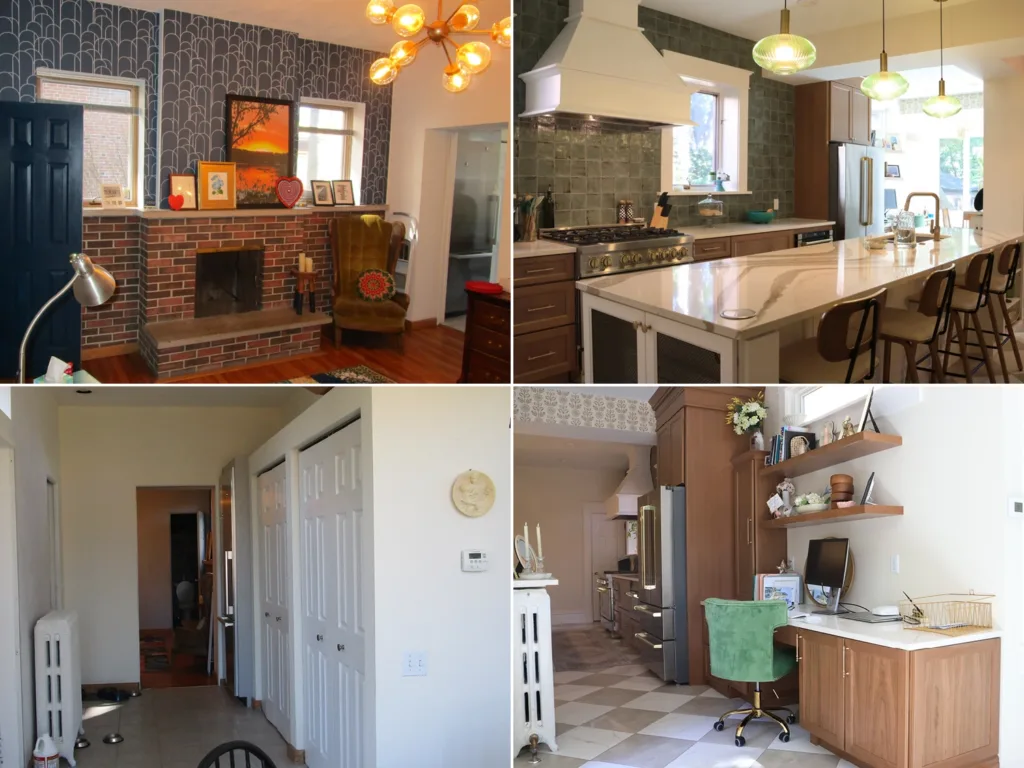 Before and after images of a residential kitchen remodel, with before images showing a seating area with a brick fireplace and a compact closet corridor nearby and after photos showing a more spacious and functional kitchen and office layout following the removal of an interior wall.