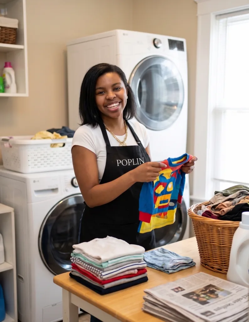 Tenisha Neal folds laundry through Poplin.