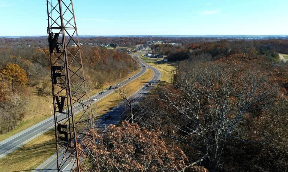 A bird's-eye view of Cape Girardeau from the KFVS tower reveals rolling hills, winding roads, and the natural beauty of southeast Missouri.